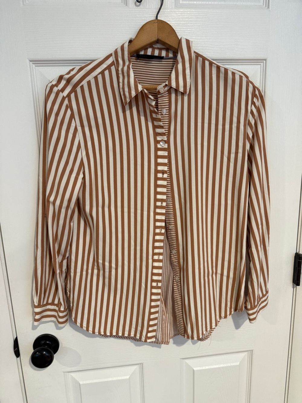 Jane and Delancey Brown and White Striped Button-Down Shirt